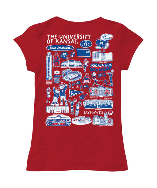 Kansas Jayhawks Hand Sketched Vive La Fete Impressions Artwork Red Girls Cotton Short Sleeve Tee - Vive La Fête - Online Apparel Store