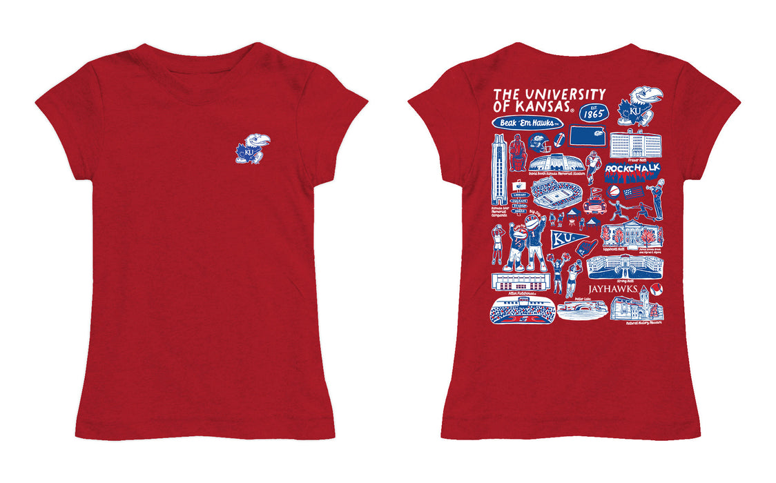 Kansas Jayhawks Hand Sketched Vive La Fete Impressions Artwork Red Girls Cotton Short Sleeve Tee - Vive La Fête - Online Apparel Store