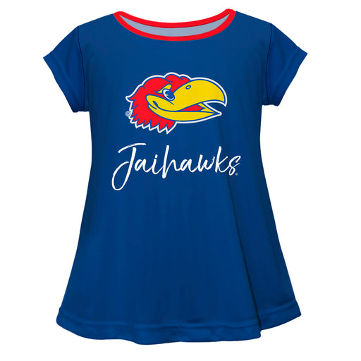 Kansas Jayhawks Vive La Fete Girls Game Day Short Sleeve Blue Top with School Logo and Name