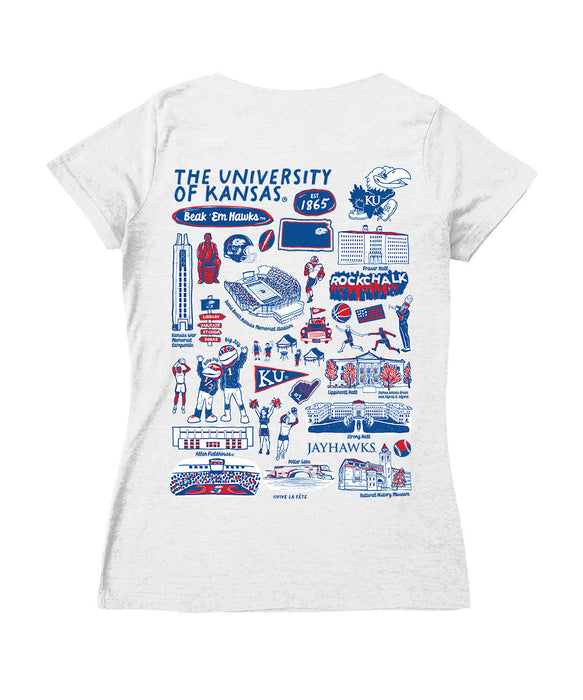 Kansas Jayhawks Hand Sketched Vive La Fete Impressions Artwork Red Women Cotton Short Sleeve V-Neck Tshirt