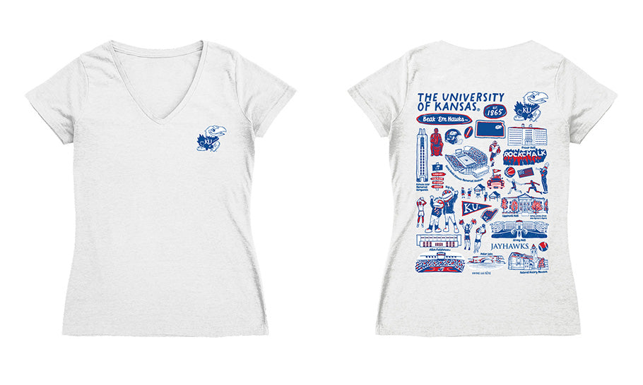 Kansas Jayhawks Hand Sketched Vive La Fete Impressions Artwork Red Women Cotton Short Sleeve V-Neck Tshirt