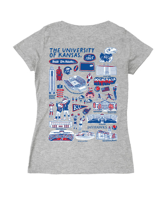 Kansas Jayhawks Hand Sketched Vive La Fete Impressions Artwork Red Women Cotton Short Sleeve V-Neck Tshirt