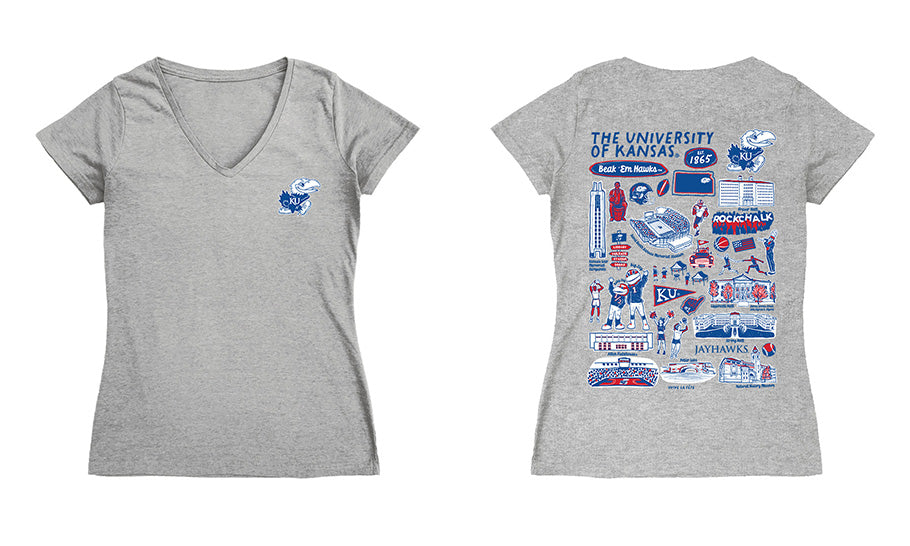 Kansas Jayhawks Hand Sketched Vive La Fete Impressions Artwork Red Women Cotton Short Sleeve V-Neck Tshirt