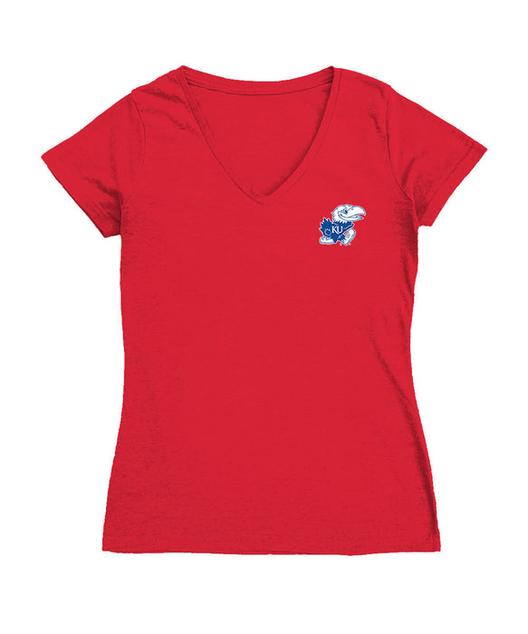 Kansas Jayhawks Hand Sketched Vive La Fete Impressions Artwork Red Women Cotton Short Sleeve V-Neck Tshirt