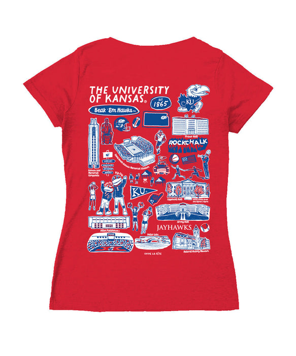 Kansas Jayhawks Hand Sketched Vive La Fete Impressions Artwork Red Women Cotton Short Sleeve V-Neck Tshirt