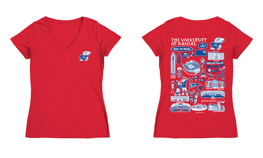 Kansas Jayhawks Hand Sketched Vive La Fete Impressions Artwork Red Women Cotton Short Sleeve V-Neck Tshirt