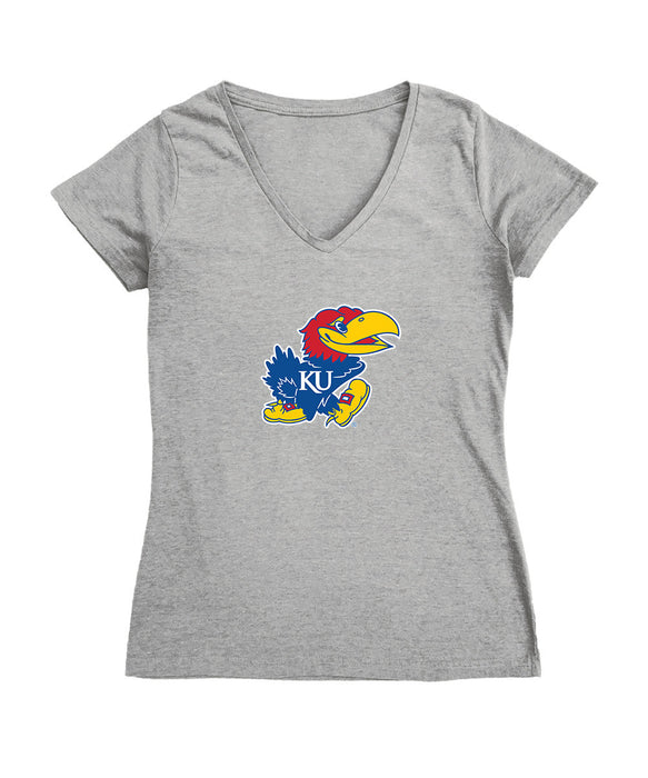 Kansas Jayhawks Women's V-neck Fitted Cotton T-Shirt Grey