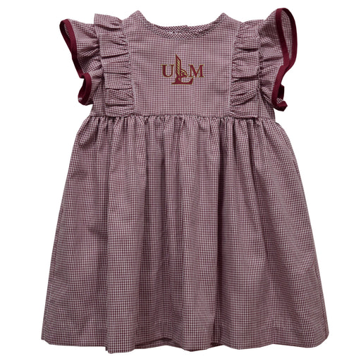 Louisiana Monroe Warhawks ULM Embroidered Maroon Gingham Ruffle Dress
