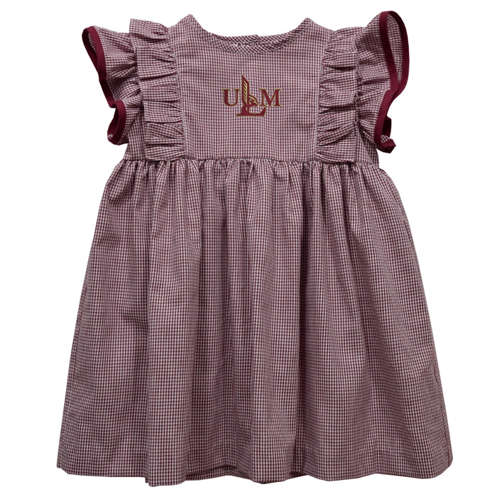 Louisiana Monroe Warhawks ULM Embroidered Maroon Gingham Ruffle Dress