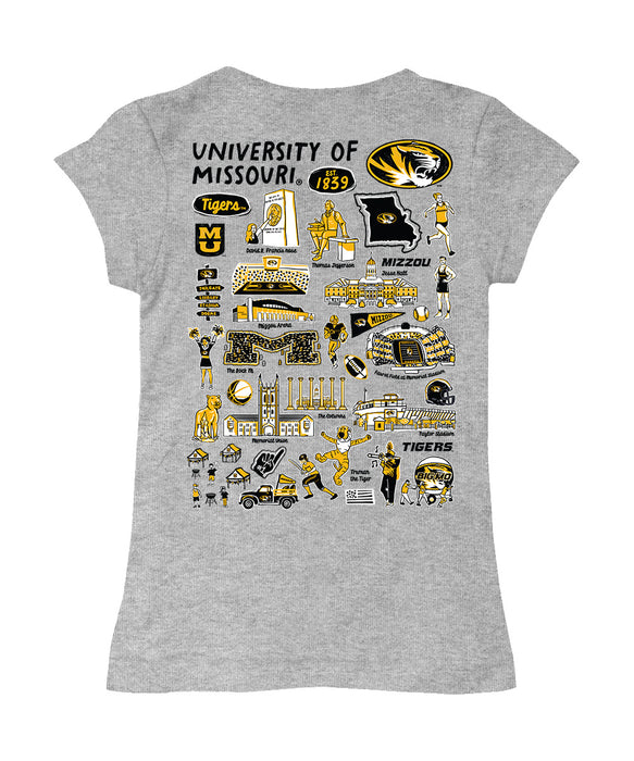 Missouri Tigers MU Hand Sketched Vive La Fete Impressions Artwork Grey Girls Cotton Short Sleeve Tee - Vive La Fête - Online Apparel Store