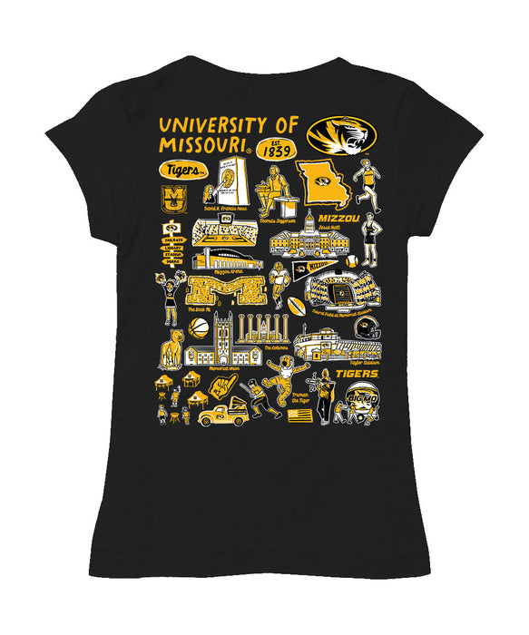 Missouri Tigers MU Hand Sketched Vive La Fete Impressions Artwork Black Girls Cotton Short Sleeve Tee - Vive La Fête - Online Apparel Store