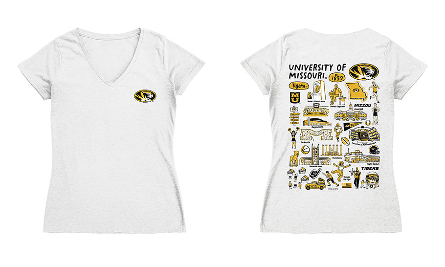 Missouri Tigers MU Hand Sketched Vive La Fete Impressions Artwork Black Women Cotton Short Sleeve V-Neck Tshirt