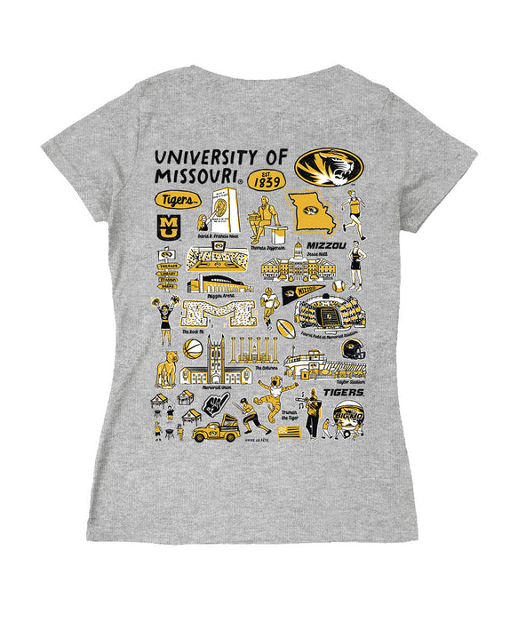 Missouri Tigers MU Hand Sketched Vive La Fete Impressions Artwork Black Women Cotton Short Sleeve V-Neck Tshirt