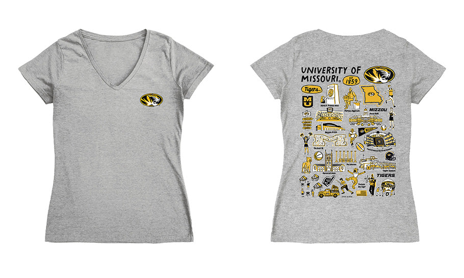 Missouri Tigers MU Hand Sketched Vive La Fete Impressions Artwork Black Women Cotton Short Sleeve V-Neck Tshirt