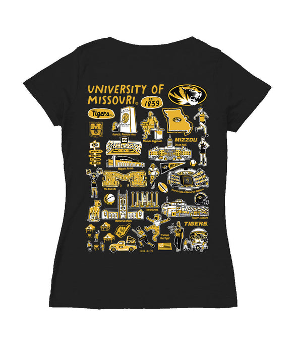 Missouri Tigers MU Hand Sketched Vive La Fete Impressions Artwork Black Women Cotton Short Sleeve V-Neck Tshirt