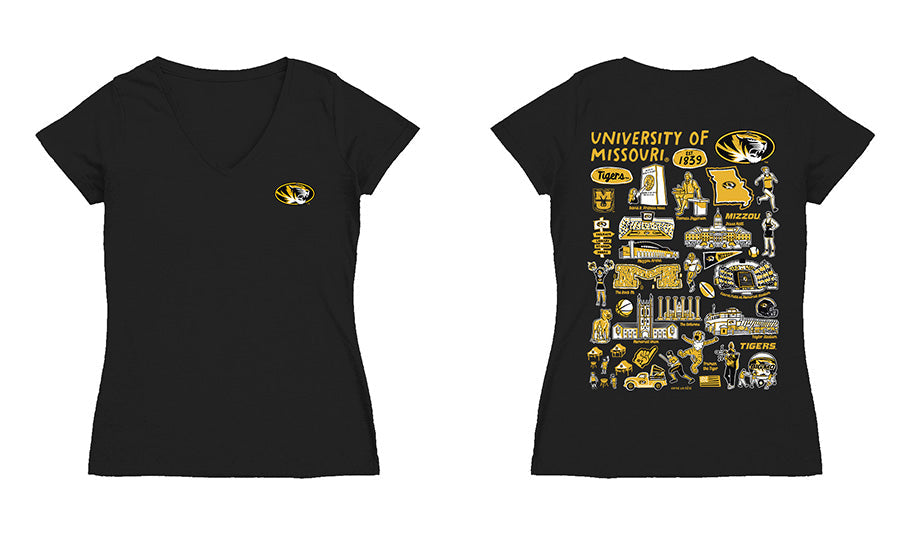 Missouri Tigers MU Hand Sketched Vive La Fete Impressions Artwork Black Women Cotton Short Sleeve V-Neck Tshirt