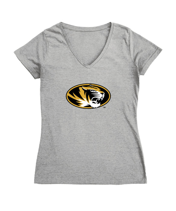 Missouri Tigers MU Women's V-neck Fitted Cotton T-Shirt Grey