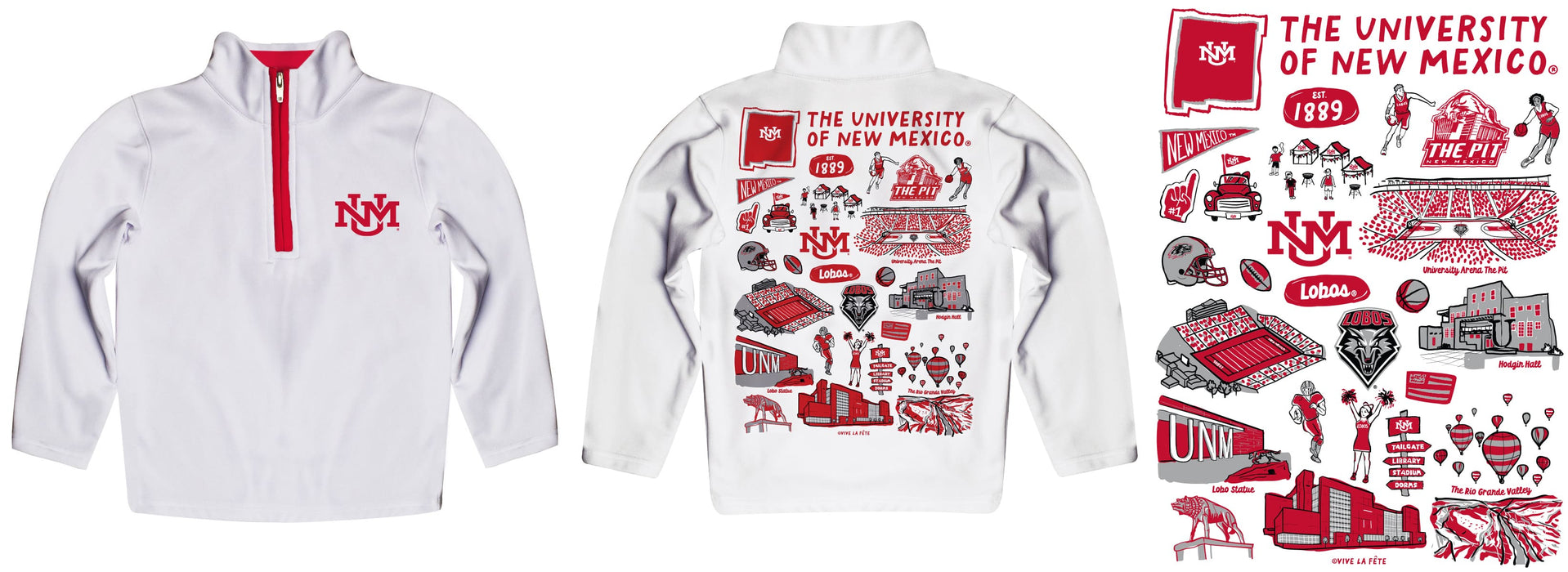 New Mexico Lobos UNM Hand Sketched Vive La Fete Impressions Artwork White Boys Quarter Zip Pullover V1 - Vive La Fête - Online Apparel Store