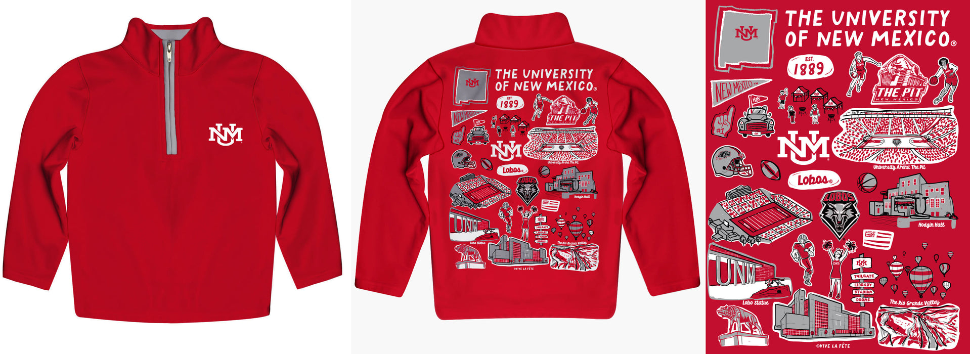 New Mexico Lobos UNM Hand Sketched Vive La Fete Impressions Artwork  Red Boys Quarter Zip Pullover V1 - Vive La Fête - Online Apparel Store