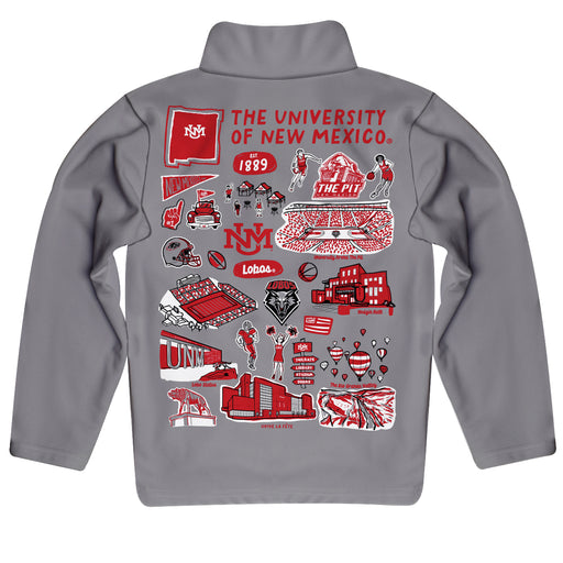 New Mexico Lobos UNM Hand Sketched Vive La Fete Impressions Artwork Gray Boys Quarter Zip Pullover V1 - Vive La Fête - Online Apparel Store