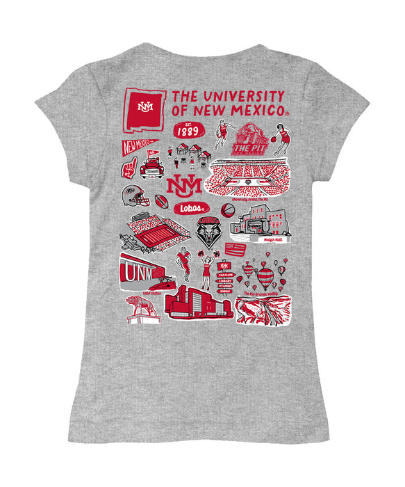 New Mexico Lobos UNM Hand Sketched Vive La Fete Impressions Artwork Grey Girls Cotton Short Sleeve Tee - Vive La Fête - Online Apparel Store