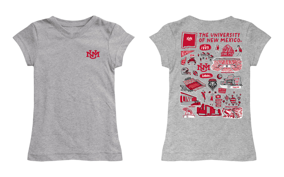 New Mexico Lobos UNM Hand Sketched Vive La Fete Impressions Artwork Grey Girls Cotton Short Sleeve Tee - Vive La Fête - Online Apparel Store
