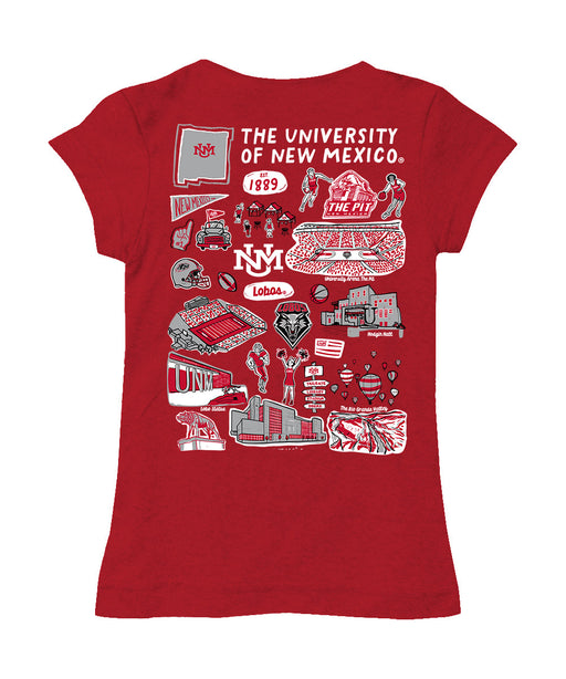 New Mexico Lobos UNM Hand Sketched Vive La Fete Impressions Artwork Red Girls Cotton Short Sleeve Tee - Vive La Fête - Online Apparel Store