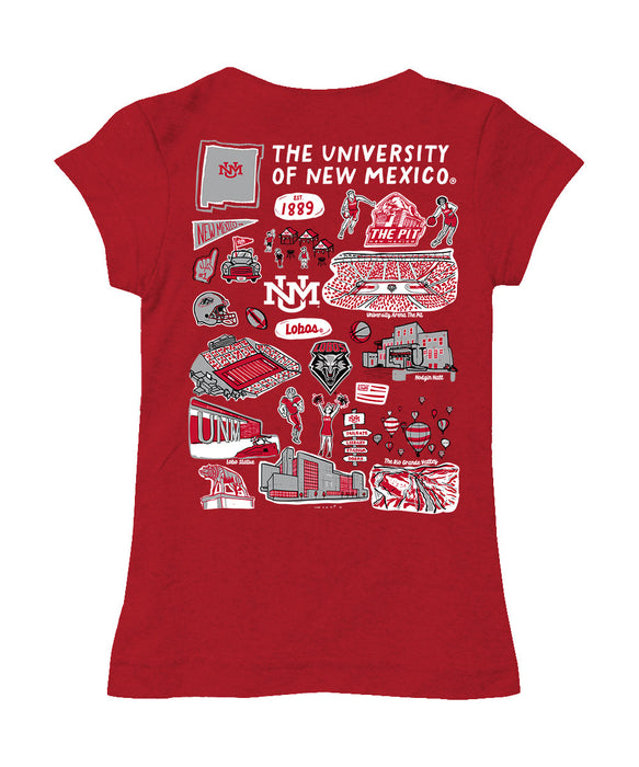 New Mexico Lobos UNM Hand Sketched Vive La Fete Impressions Artwork Red Girls Cotton Short Sleeve Tee - Vive La Fête - Online Apparel Store