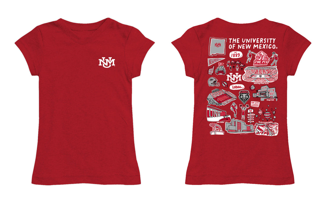 New Mexico Lobos UNM Hand Sketched Vive La Fete Impressions Artwork Red Girls Cotton Short Sleeve Tee - Vive La Fête - Online Apparel Store