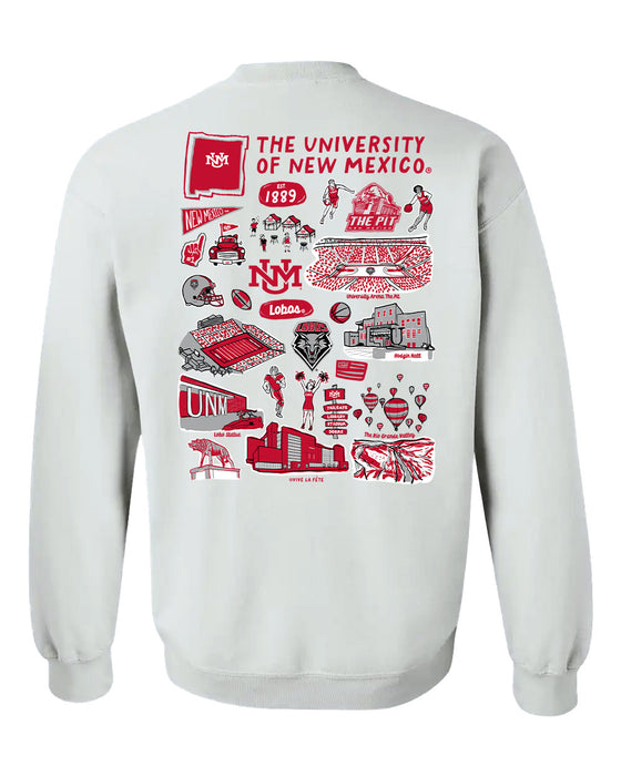 New Mexico Lobos UNM Hand Sketched Artwork Red Crewneck Sweatshirt for Women - Vive La Fête - Online Apparel Store