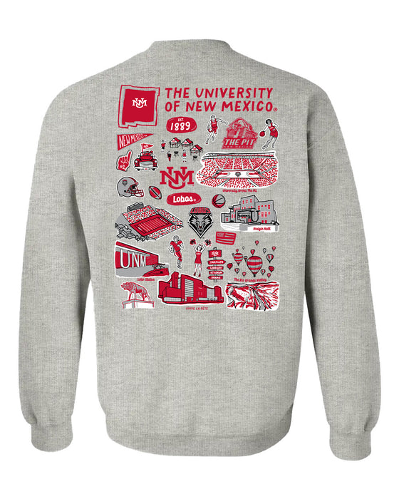 New Mexico Lobos UNM Hand Sketched Artwork Red Crewneck Sweatshirt for Women - Vive La Fête - Online Apparel Store
