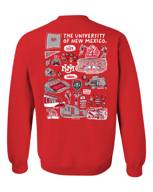 New Mexico Lobos UNM Hand Sketched Artwork Red Crewneck Sweatshirt for Women - Vive La Fête - Online Apparel Store