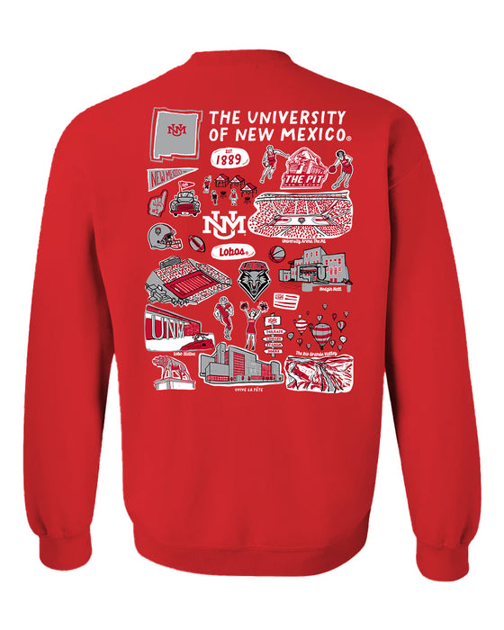 New Mexico Lobos UNM Hand Sketched Artwork Red Crewneck Sweatshirt for Women - Vive La Fête - Online Apparel Store