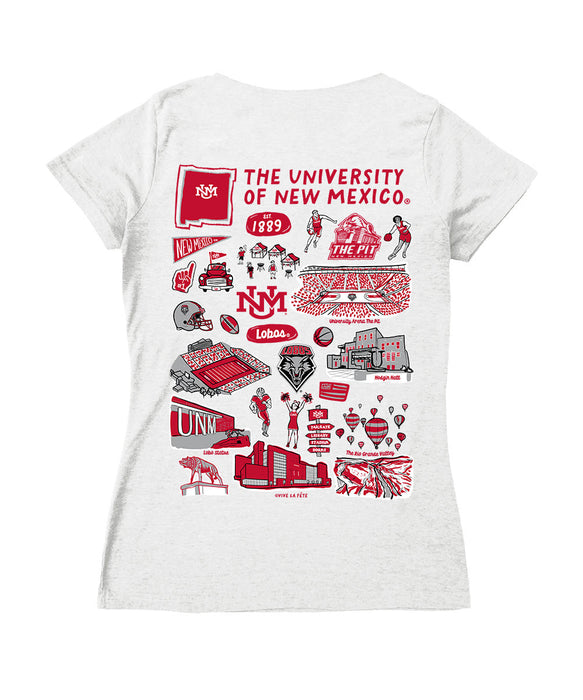 New Mexico Lobos UNM Hand Sketched Vive La Fete Impressions Artwork Red Women Cotton Short Sleeve V-Neck Tshirt