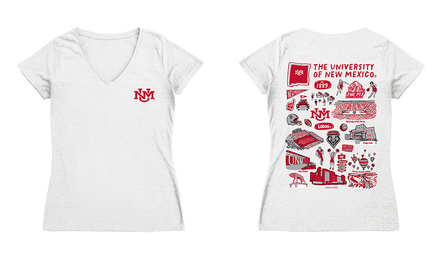 New Mexico Lobos UNM Hand Sketched Vive La Fete Impressions Artwork Red Women Cotton Short Sleeve V-Neck Tshirt