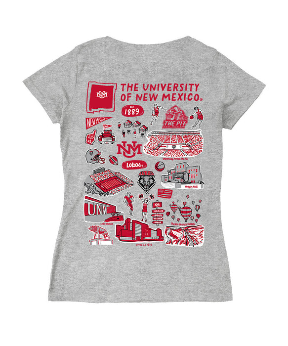 New Mexico Lobos UNM Hand Sketched Vive La Fete Impressions Artwork Red Women Cotton Short Sleeve V-Neck Tshirt