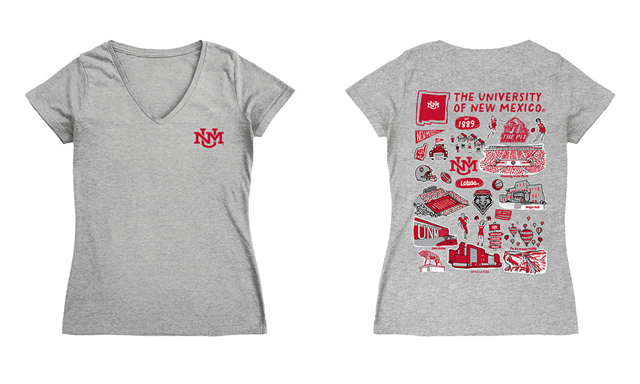 New Mexico Lobos UNM Hand Sketched Vive La Fete Impressions Artwork Red Women Cotton Short Sleeve V-Neck Tshirt