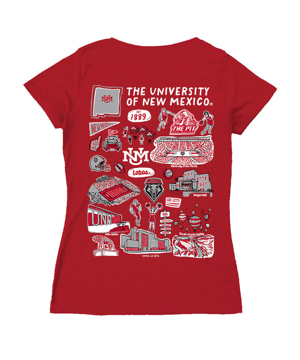 New Mexico Lobos UNM Hand Sketched Vive La Fete Impressions Artwork Red Women Cotton Short Sleeve V-Neck Tshirt