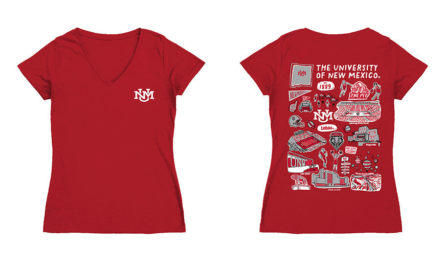 New Mexico Lobos UNM Hand Sketched Vive La Fete Impressions Artwork Red Women Cotton Short Sleeve V-Neck Tshirt