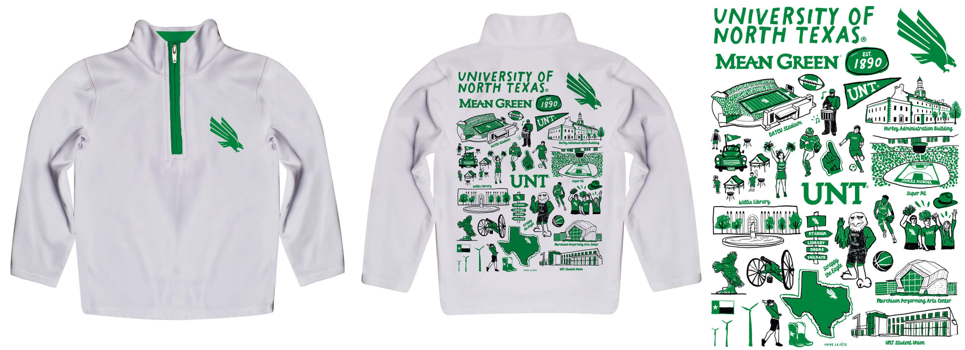North Texas Mean Green Hand Sketched Vive La Fete Impressions Artwork White Boys Quarter Zip Pullover V1 - Vive La Fête - Online Apparel Store