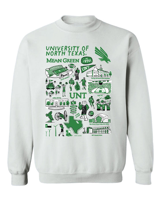 North Texas Mean Green Hand Sketched Vive La Fete Impressions White Cotton Crewneck Sweatshirt for Women