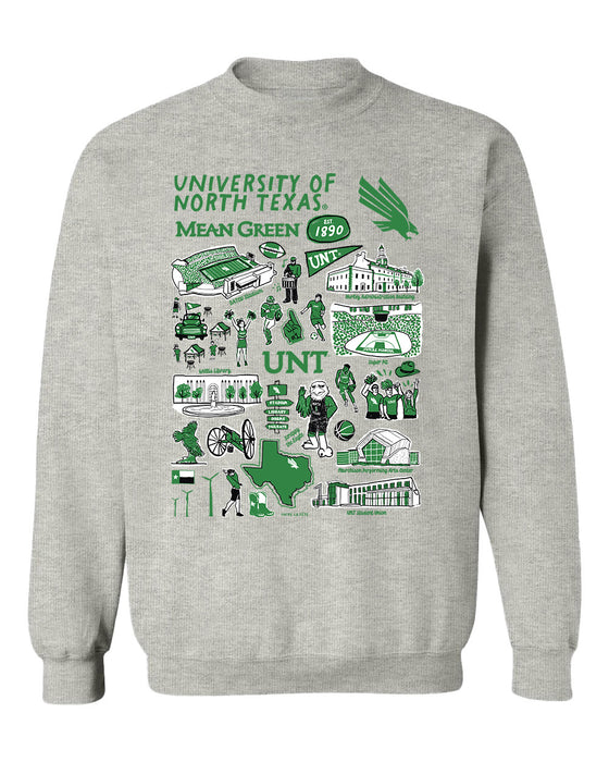 North Texas Mean Green Hand Sketched Vive La Fete Impressions Grey Cotton Crewneck Sweatshirt for Women