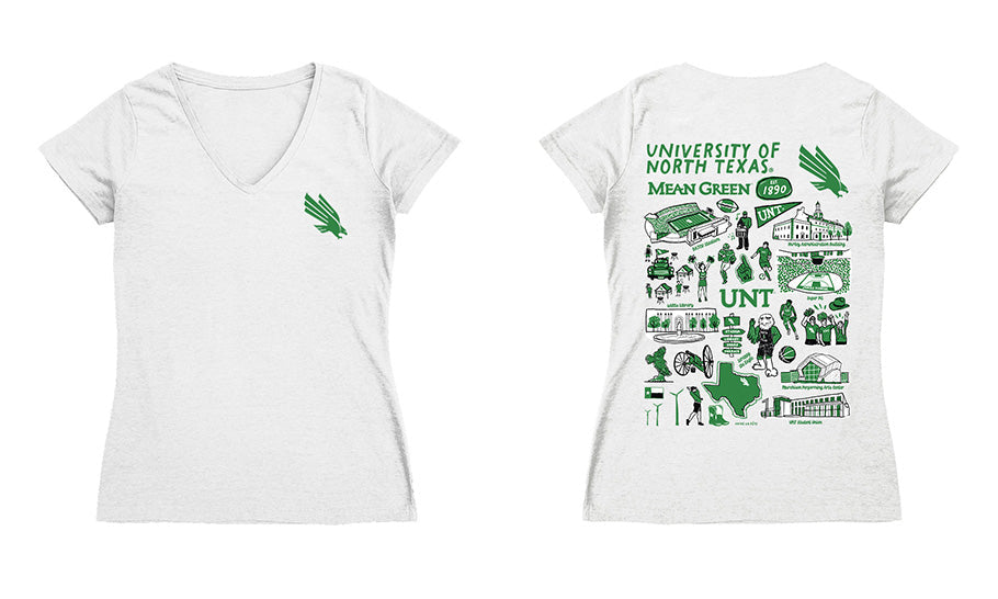 North Texas Mean Green Hand Sketched Vive La Fete Impressions Artwork Teal Women Cotton Short Sleeve V-Neck Tshirt