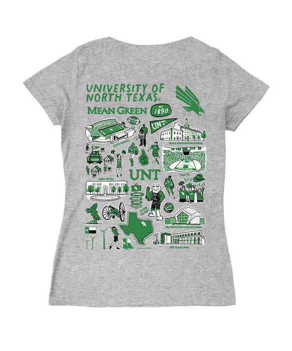 North Texas Mean Green Hand Sketched Vive La Fete Impressions Artwork Teal Women Cotton Short Sleeve V-Neck Tshirt