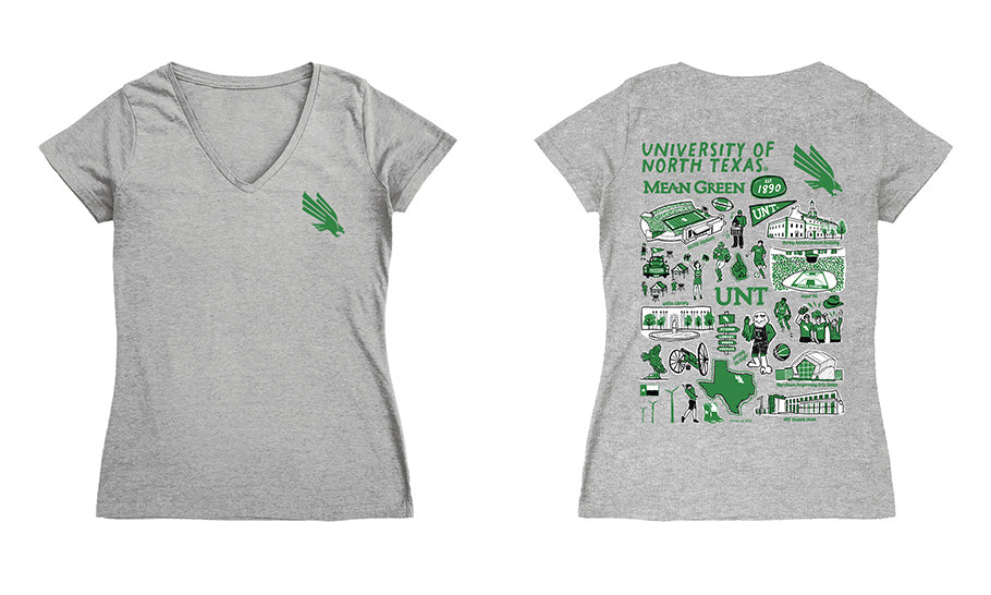 North Texas Mean Green Hand Sketched Vive La Fete Impressions Artwork Teal Women Cotton Short Sleeve V-Neck Tshirt