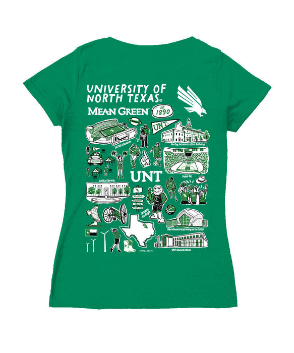 North Texas Mean Green Hand Sketched Vive La Fete Impressions Artwork Teal Women Cotton Short Sleeve V-Neck Tshirt