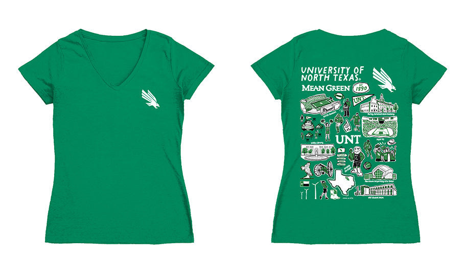 North Texas Mean Green Hand Sketched Vive La Fete Impressions Artwork Teal Women Cotton Short Sleeve V-Neck Tshirt