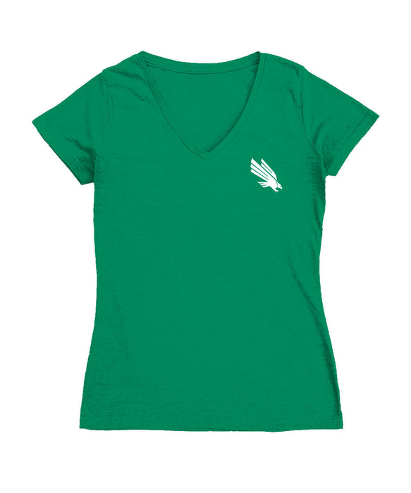 North Texas Mean Green Hand Sketched Vive La Fete Impressions Artwork Teal Women Cotton Short Sleeve V-Neck Tshirt