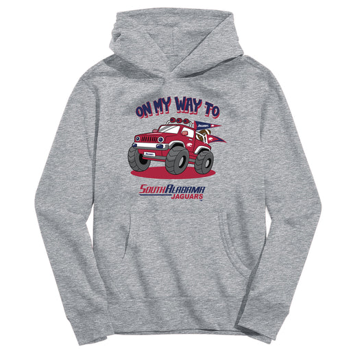 South Alabama Jaguars On My Way Monster Truck Heather Grey Cotton Youth Hoodie