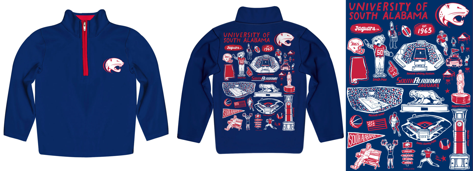 South Alabama Jaguars Hand Sketched Vive La Fete Impressions Artwork Blue Boys Quarter Zip Pullover V1 - Vive La Fête - Online Apparel Store